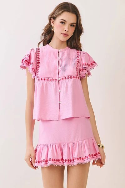 Embroidered Ruffle Top & Skirt Set