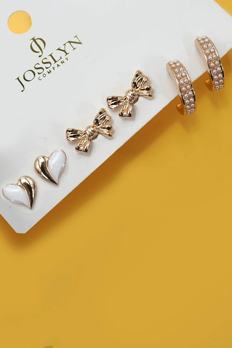 Pearl Huggie Hoop Bow Heart Trio Earrings