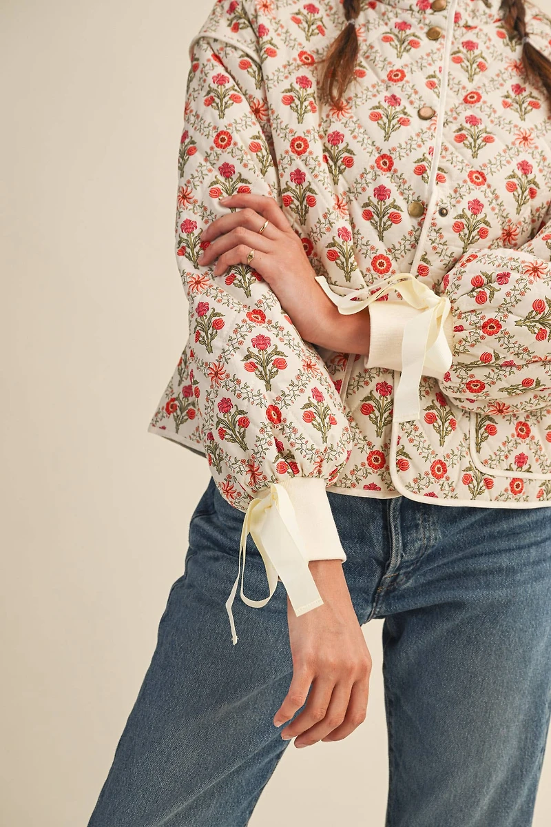 Ivory Floral Quilted Jacket With Ribbon Detail