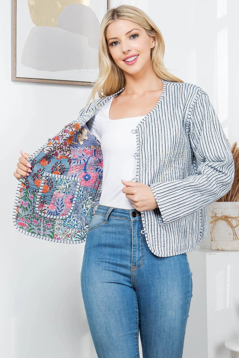 Gray Floral Print Quilted Patch Jacket