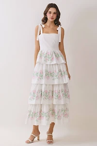 White Floral Ribbon Tiered Maxi Dress