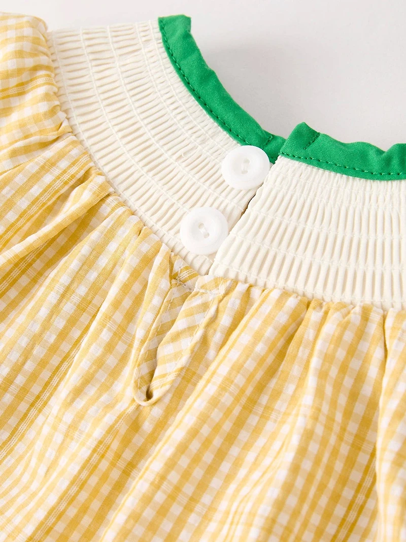 Yellow Plaid Floral Smocking Embroidered Baby Girl Romper