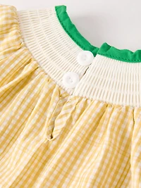 Yellow Plaid Floral Smocking Embroidered Baby Girl Romper