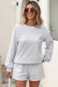 Grey & Pink Bow Embroidered Pullover Shorts Set