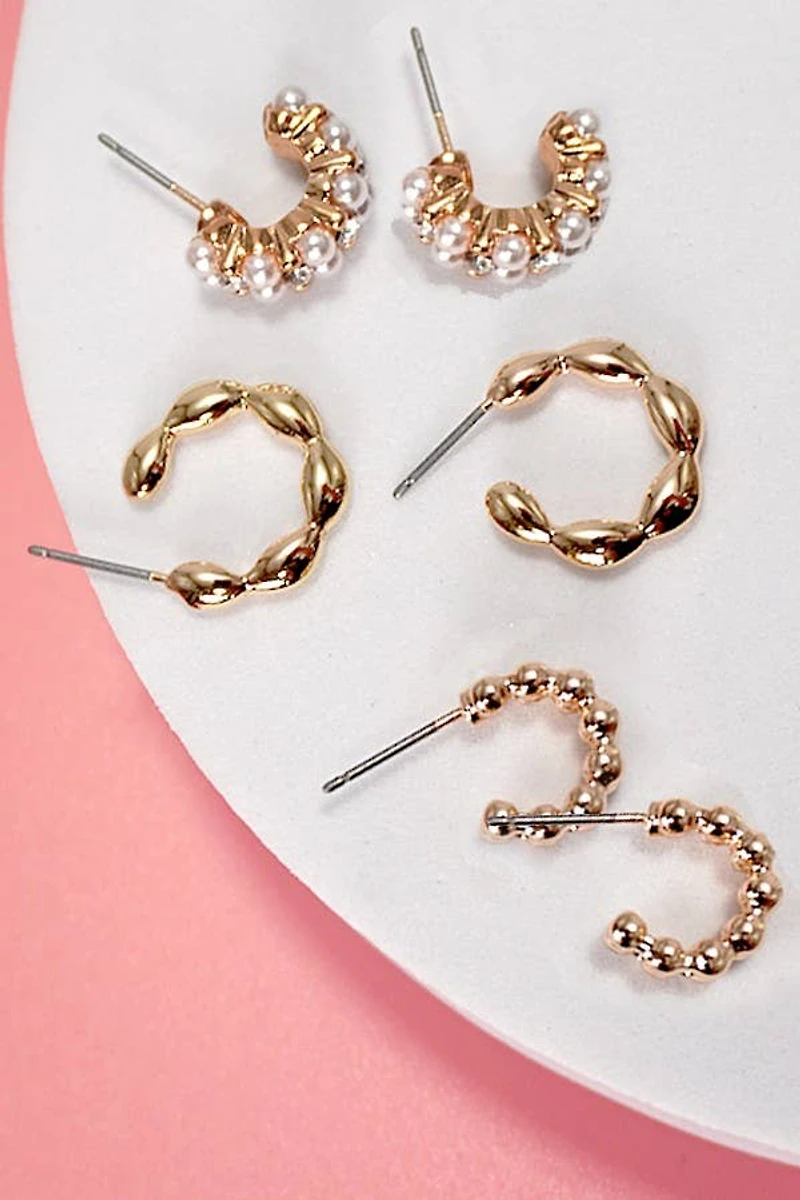 TRIO PEARL LINK BEAN HUGGIE HOOP EARRINGS SET OF 3