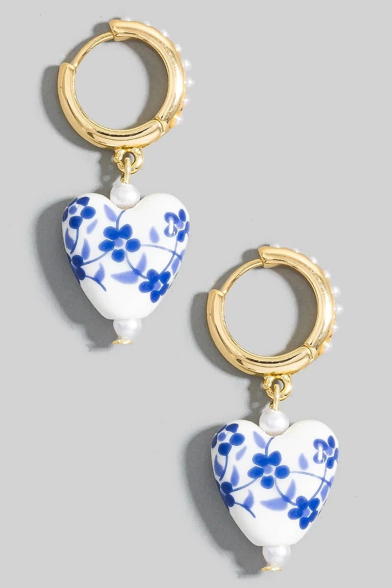 Floral Ceramic Heart Charms Pearl Studded Hoop Earrings