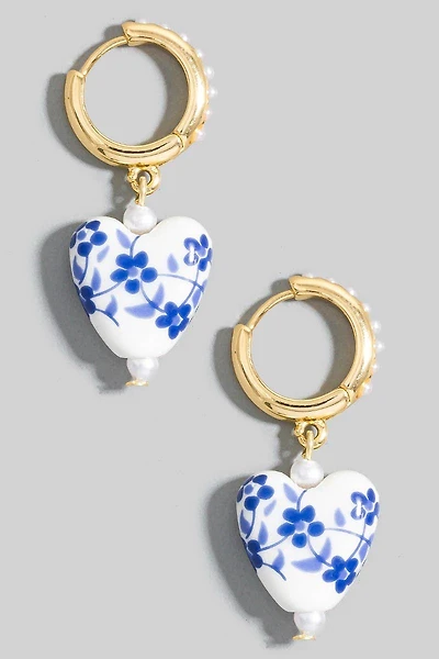 Floral Ceramic Heart Charms Pearl Studded Hoop Earrings