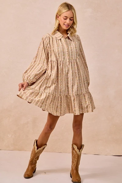 Cream Floral Print Buttoned Shirt Dress