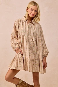Cream Floral Print Buttoned Shirt Dress