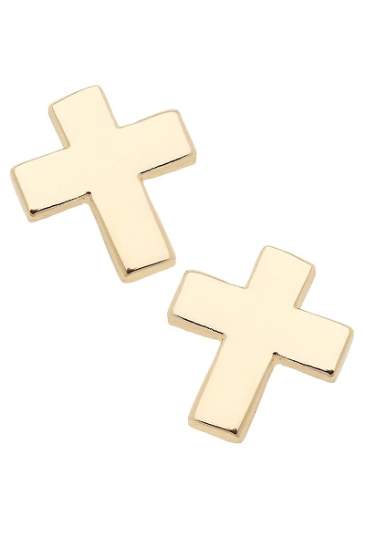 Portia Cross Stud Earrings in Shiny Gold