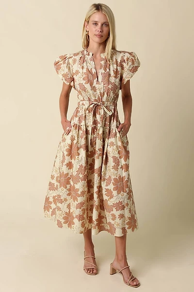 Beige Puff Sleeve Floral Midi Dress