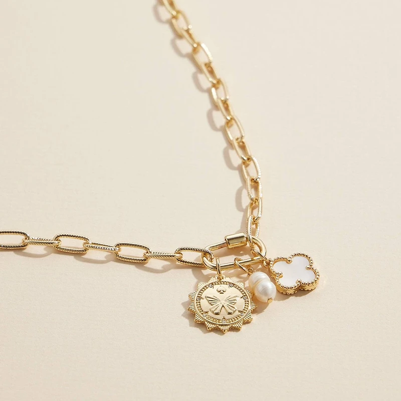 Chain Necklace with Butterfly, Pearl, & Clover Charms