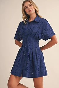 Navy Eyelet Pleated Mini Dress