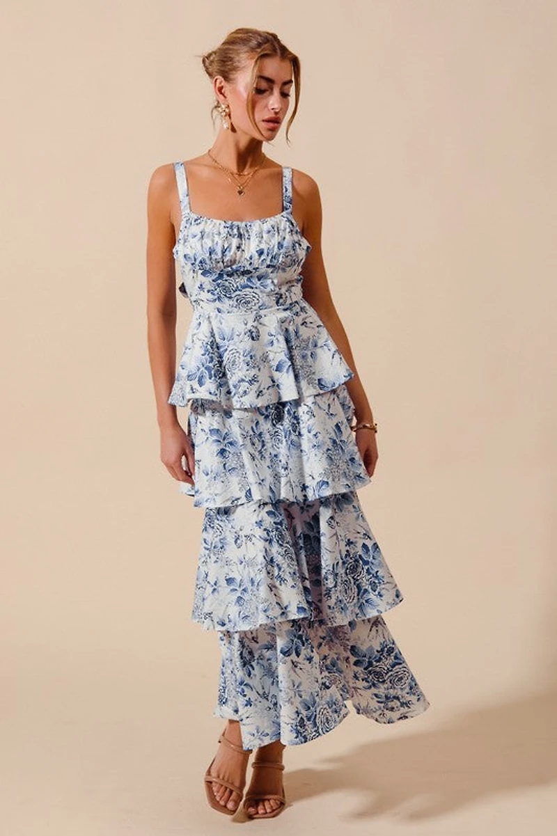 Blue Floral Print Tiered Maxi Dress