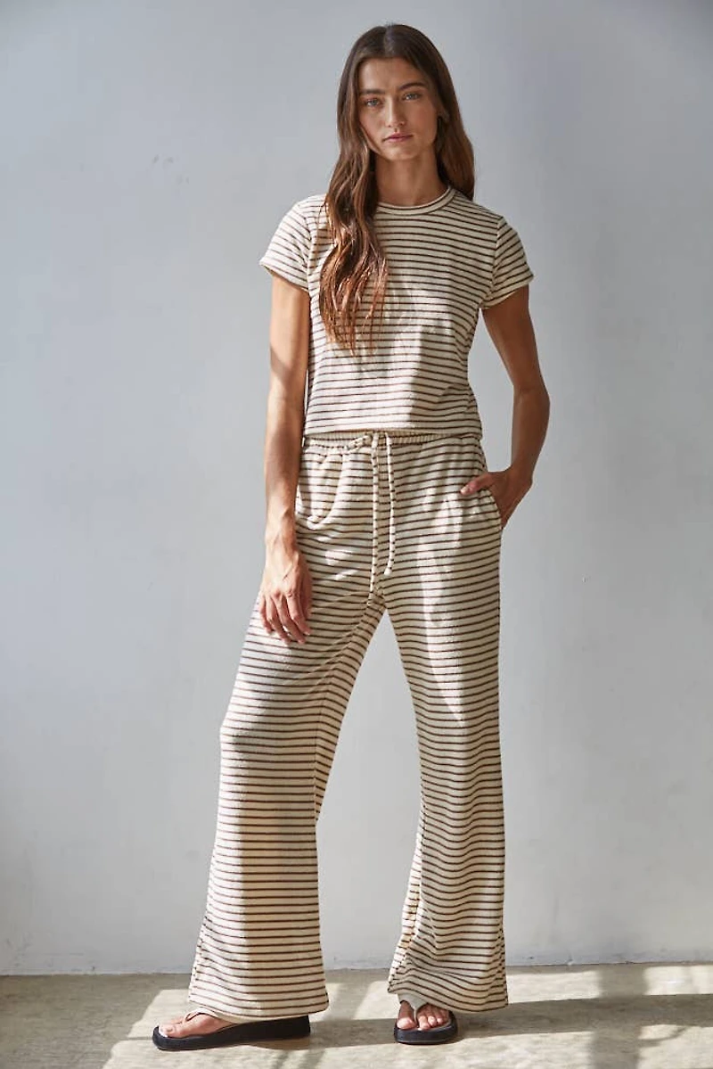 Cream & Burgendy Striped Flare Pants