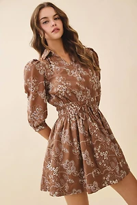 Brown Floral Eyelet Collared Dress