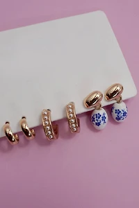 BLUE CERAMIC PORCELAIN TRIO HUGGIE HOOP EARRINGS