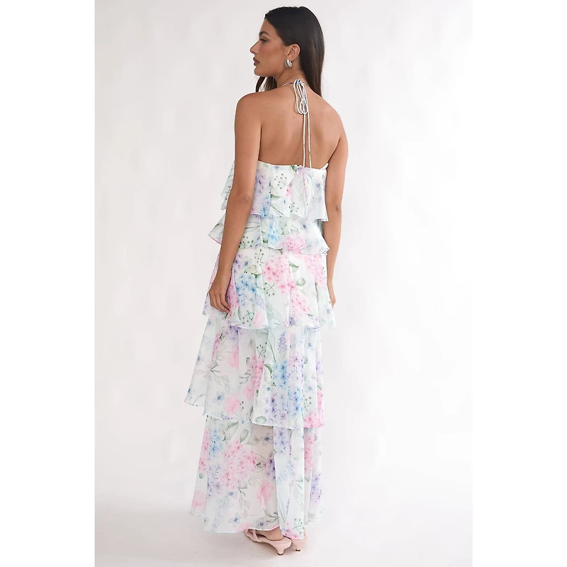 White Floral Halter Tiered Maxi Dress