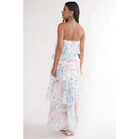 White Floral Halter Tiered Maxi Dress
