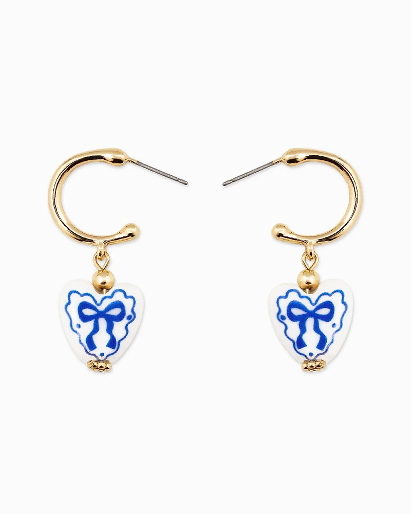 Blue Ceramic Heart Bow Graphic Drop Hoop Earrings