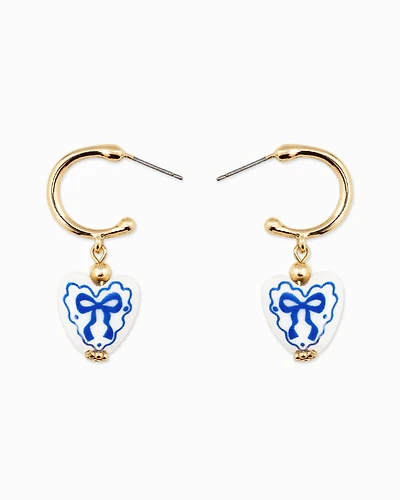 Blue Ceramic Heart Bow Graphic Drop Hoop Earrings