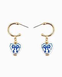 Blue Ceramic Heart Bow Graphic Drop Hoop Earrings
