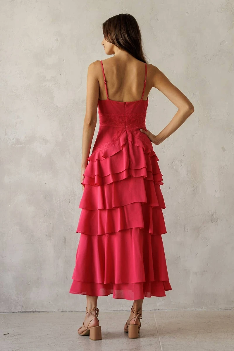 Pink Lace Trim Tiered Midi Dress