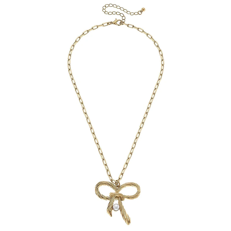 Amy Bow & Pearl Pendant Necklace in Worn Gold