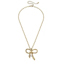 Amy Bow & Pearl Pendant Necklace in Worn Gold