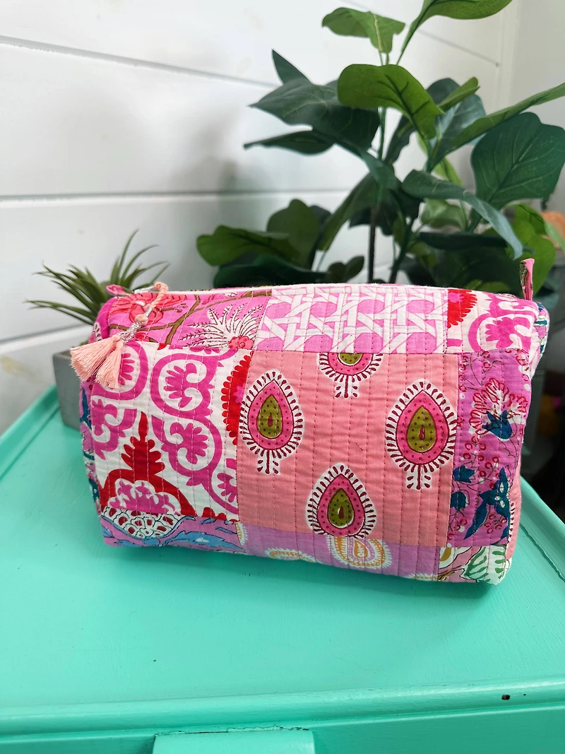 Quilted Makeup Travel Cosmetics Toiletry Bag Pink Patchwork