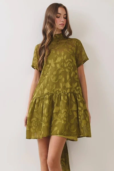 Green Floral Jacquard Tie-Neck Mini Dress