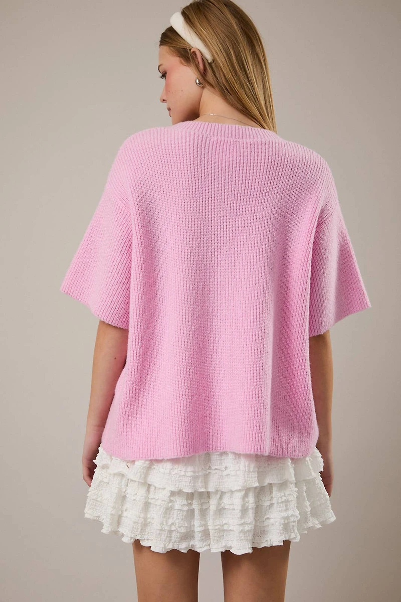 Pink Shortsleeve Ribbed Sweater Cardigan