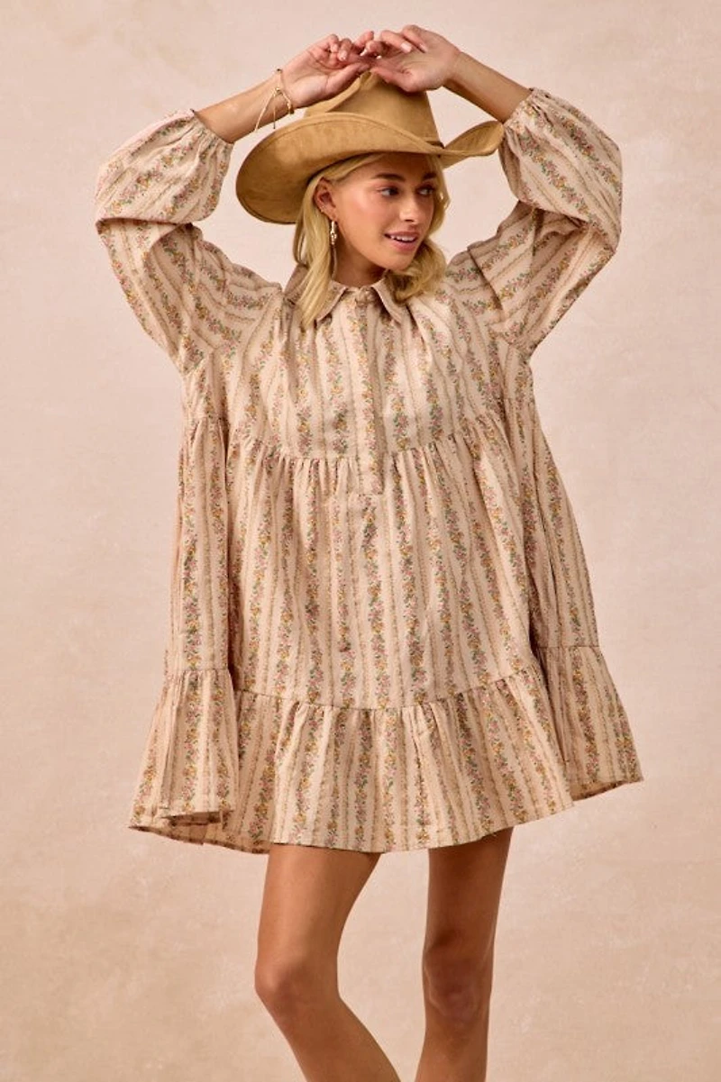 Cream Floral Print Buttoned Shirt Dress