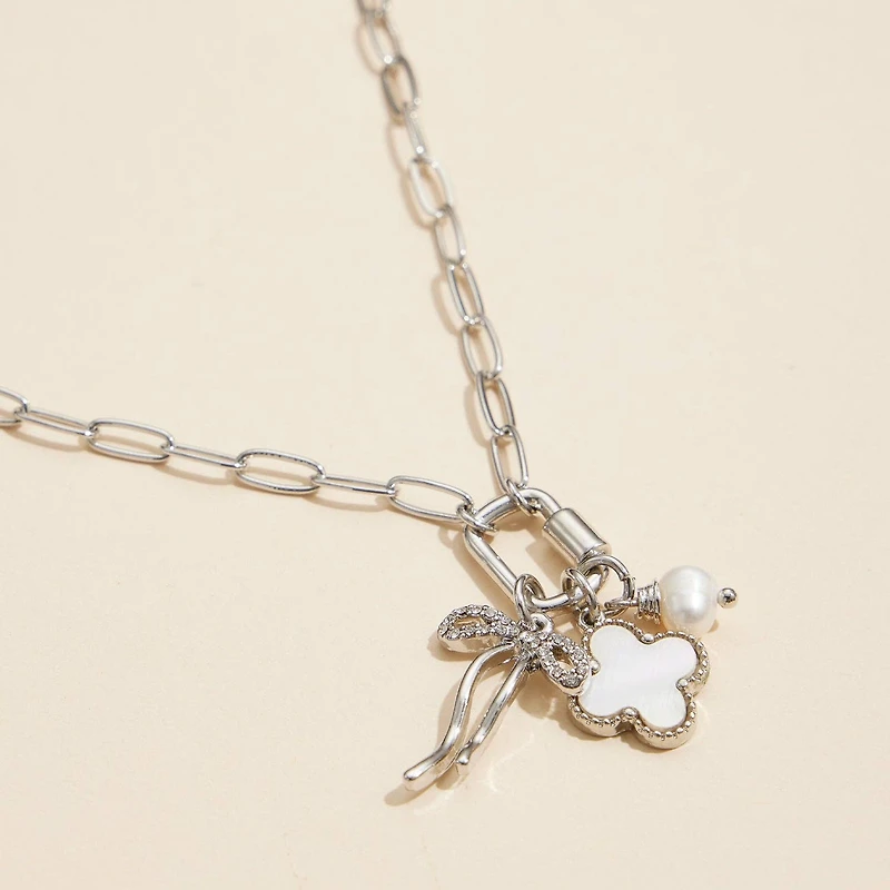 Gold Dipped Bow Charm Necklace with Clover & Pearl