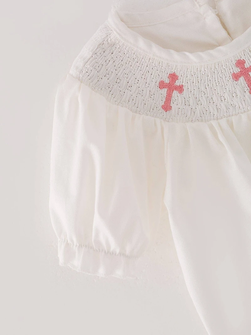 White Smocking Embroidered Crucifix Girls