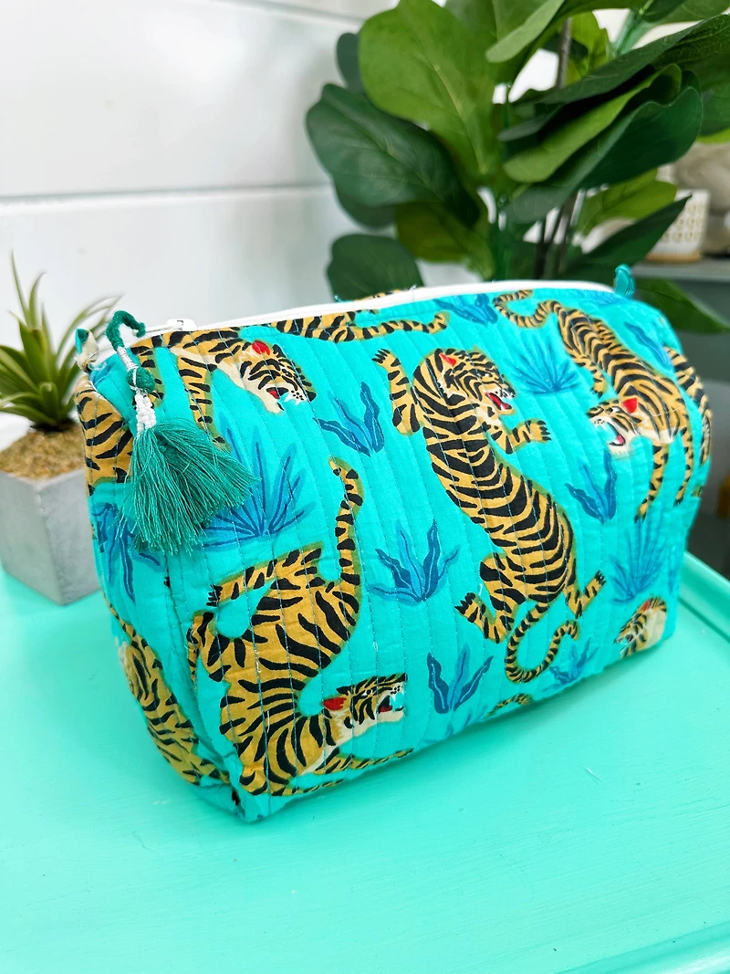 Quilted Makeup Bags | Aqua and Blue Tigers