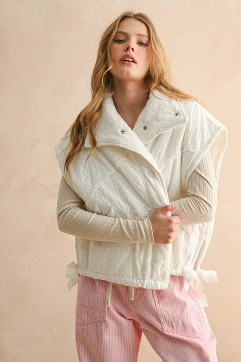 White Lace Trim Puff Vest