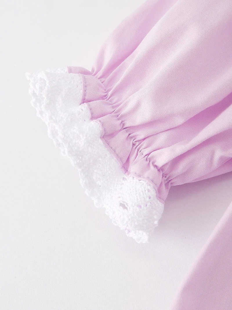 Girls Easter Bunny Smocking Embroidered Lace Cuff Purple