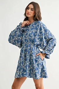 Blue Embroidered Long Sleeve Mini Dress