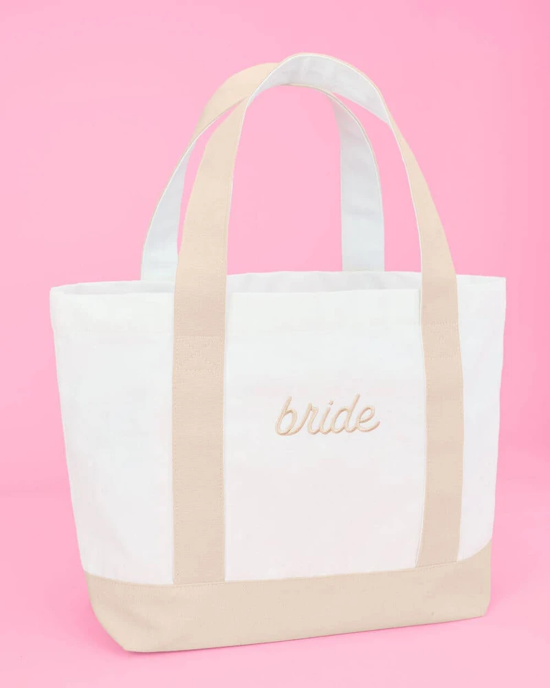 Beige Bride Embroidered Tote Bag