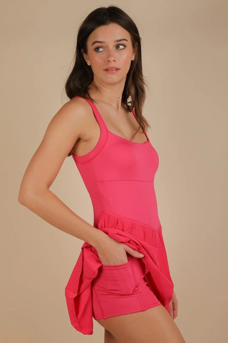 Pink Pleated Skirt Activewear Dress W/ Under Shorts