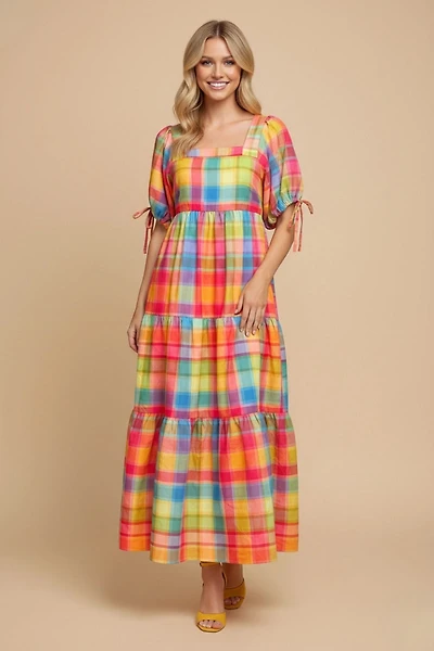 Colorful Checker Puff Sleeve Maxi Dress
