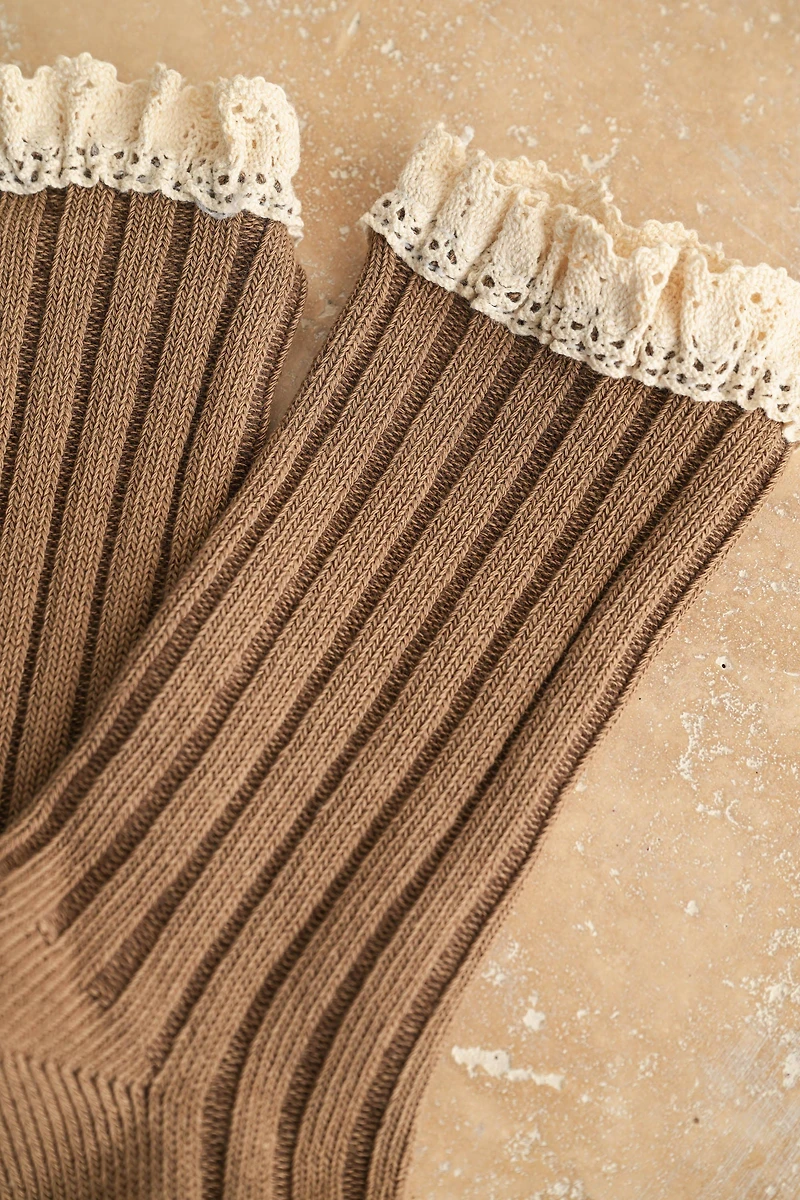 Mocha Crochet Trim Socks