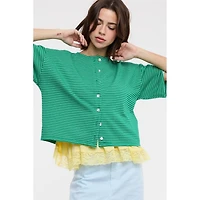 Green Boxy Striped Button Knit Top