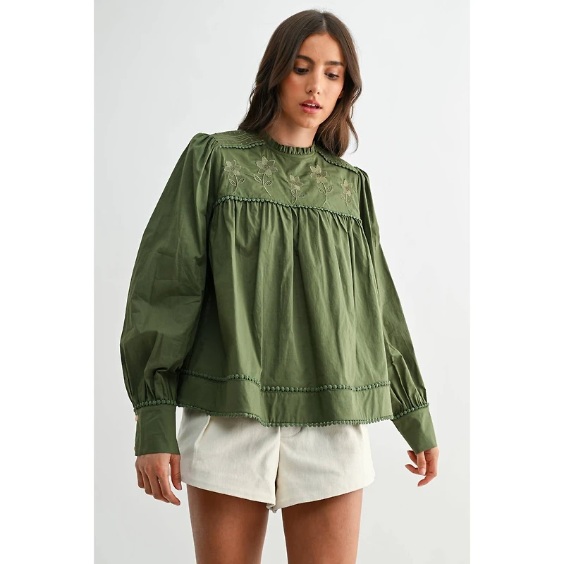 Green Puff Sleeve Embroidered Blouse