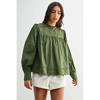 Green Puff Sleeve Embroidered Blouse