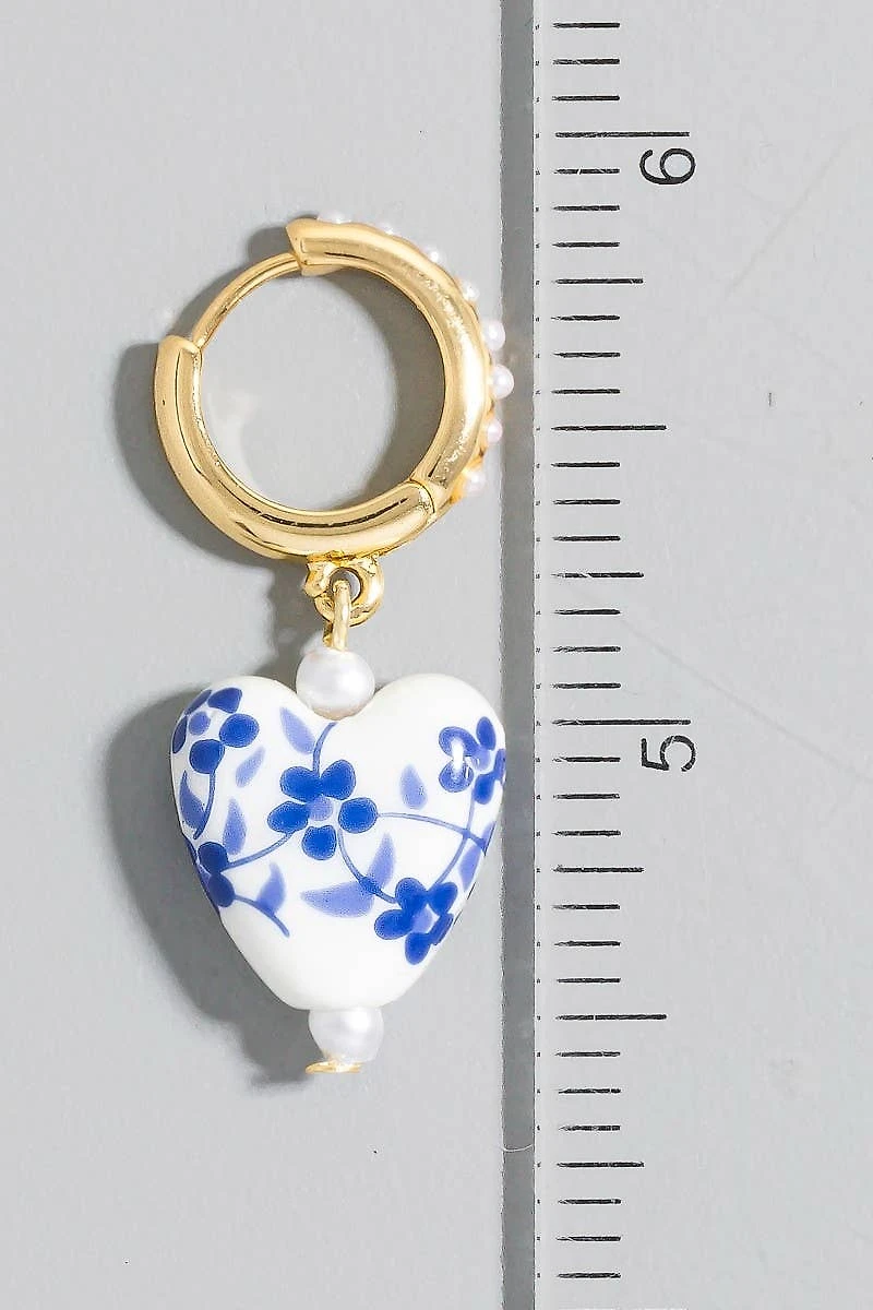 Floral Ceramic Heart Charms Pearl Studded Hoop Earrings