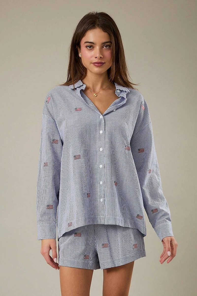 Navy & White Stripe Flag Button Down Top
