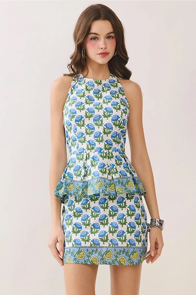 Blue Floral Print Halter Neck Top