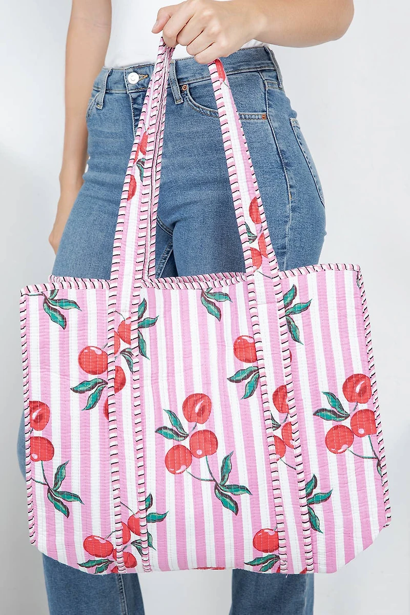 Pink Cherry Reversible Quilted Tote Bag